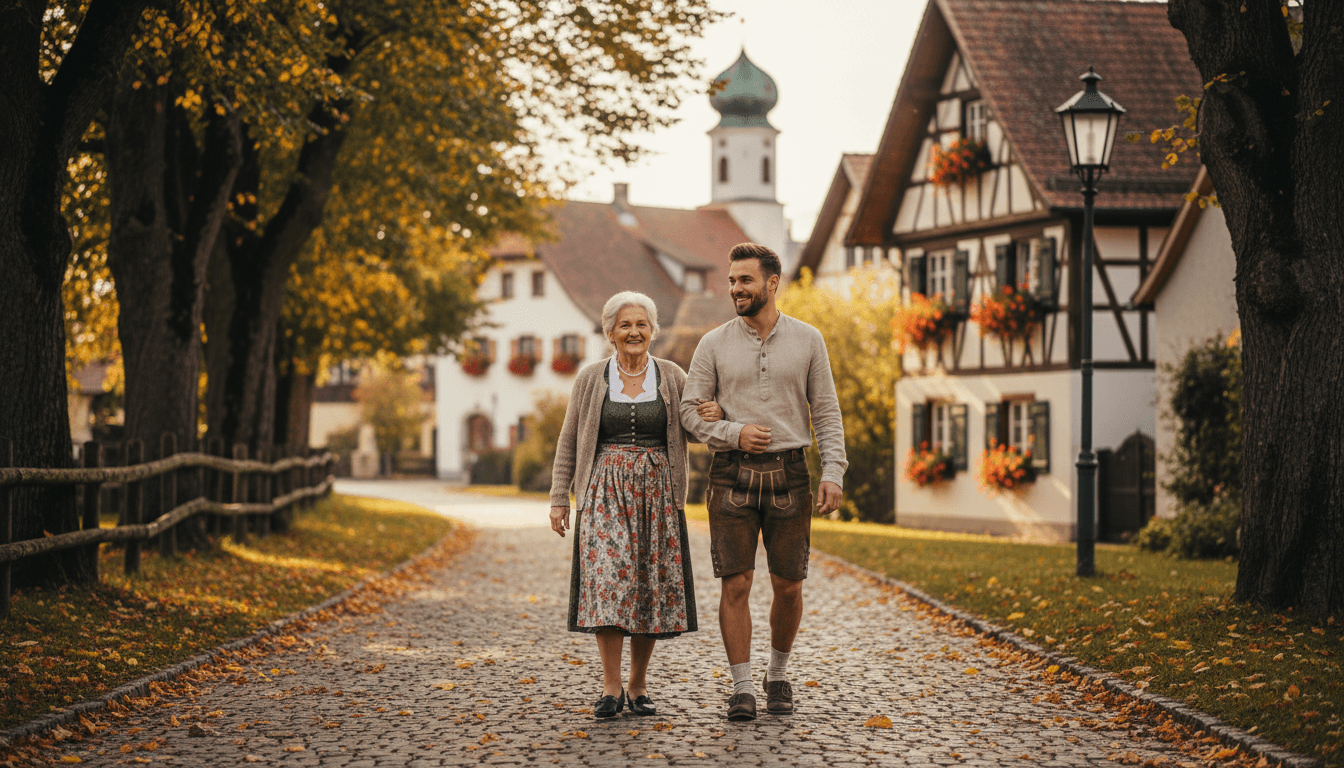 Eine ältere Person und eine jüngere Begleiterin spazieren zusammen auf einem Blätterweg in einem kleinen bayerischen Ort.
